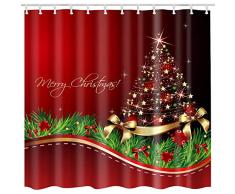 Broshan Weihnachts-Duschvorhang, Stoff, bunte Weihnachtskugeln und Tannenbaum-Zweige bedruckt, Badedekoration, Vorhang für Weihnachten, rote Weihnachten, Stoff für Badezimmer, Dekorationsset mit Haken, 183 x 183 cm