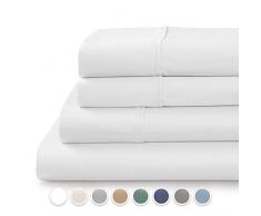 Tranquil Nights Fadenzahl 600 Blatt Set, 4 Stück Set, langstapelige Baumwolle, Satin Gewebe betttuches, Classic Z Saum, Ultra Weich und Glanz, passt für bis zu 43,2 cm Tiefe Matratzen Full weiß