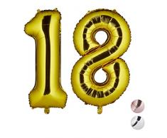 Relaxdays Folienballon Zahl 18, Party Deko für 18. Geburtstag, XXL Riesenluftballon für Luft & Helium, 85-100cm, Gold