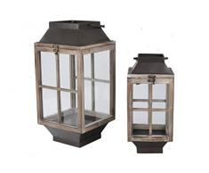 Benjara Laterne aus Holz und Metall, Fensterscheiben-Design, 2 Stück, Braun/Schwarz