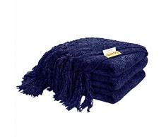 DOZZZ Flauschige Chenille-Strickdecke mit dekorativen Fransen und Streifen für den Überzug, Wohndekor, Bett, Sofa, Couch Stuhl Modern 60 x 50 Marineblau