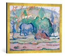 Gerahmtes Bild von Franz Marc Pferde auf der Weide (Pferde in Landschaft), Kunstdruck im hochwertigen handgefertigten Bilder-Rahmen, 70x50 cm, Gold Raya