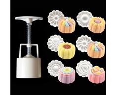 TanQiang 50 g 3D Rose Blumen Mondcake Form 1 Barrel 6 Stempel Set Handdruck Fondant Moon Cake Form DIY Backzubehör