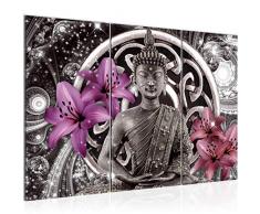 Bilder Buddha Blumen Wandbild 120 x 80 cm Vlies - Leinwand Bild XXL Format Wandbilder Wohnzimmer Wohnung Deko Kunstdrucke Pink 3 Teilig - MADE IN GERMANY - Fertig zum Aufhängen 504831a