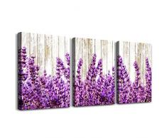 Vintage Holzmaserung Hintergrund Lavendel Blumen Leinwanddruck Wandbild für Wohnzimmer Schlafzimmer Dekoration Wandmalerei 40,6 x 30,5 cm / 3 Panels lila Badezimmer-Wanddekoration Home Dekoration Küche Kunst