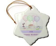 3dRose ORN 113272 _ 1 75. weißem Zuckerguss Kuchen mit Luftballons und Vase von Blumen, Pastels-Snowflake Ornament, 3 Zoll, Porzellan