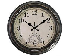Smileyary 30,48 cm Innen-/Außen-Retro-Wanduhr mit Thermometer, geräuschlos, nicht tickend, runde Wanduhr mit arabischen Ziffern, für Wohnzimmer, Küche, Schlafzimmer Antik 12-Inch Black Frame With Silver Beze