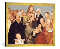 Gerahmtes Bild von Lucas Cranach der Jüngere Christus segnet die Kinder, Kunstdruck im hochwertigen handgefertigten Bilder-Rahmen, 70x50 cm, Gold Raya