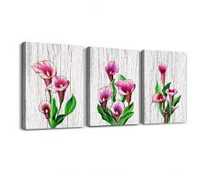 Holzmaserung, Hintergrund, Leinwandbild, Wanddekoration für Wohnzimmer, Badezimmer, Schlafzimmer, 3-teilig, für Küche, Wandgemälde, Leinwanddruck, rote Blumen, Aquarell, Inspiration, Heimdekoration