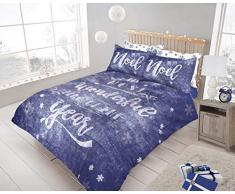 Sleepdown Weihnachtsmann Wende-Bettwäsche-Set mit Bettdeckenbezug und Kissenbezügen (Weihnachtstifttafel, Indigo, Einzelbett)