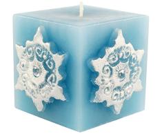 Magic Candle World Candles Pastellblaue quadratische Stumpenkerze. Handbemalte Sterne mit Kristallen verziert. Winterkerze, Advent, Adventskranz, Weihnachts Deko.