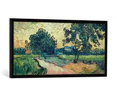 Gerahmtes Bild von Vincent Van Gogh Zwei Birnbäume und das Schloß von Auvers (Landschaft in der Dämmerung), Kunstdruck im hochwertigen handgefertigten Bilder-Rahmen, 100x50 cm, Schwarz matt