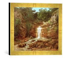 Gerahmtes Bild von Gustave Courbet Landschaft mit Wasserfall, Kunstdruck im hochwertigen handgefertigten Bilder-Rahmen, 40x30 cm, Gold Raya