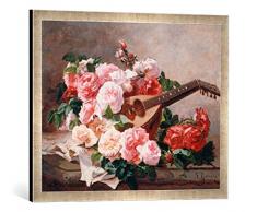 Gerahmtes Bild von Georges Jeannin Stilleben mit Rosen und Mandoline, Kunstdruck im hochwertigen handgefertigten Bilder-Rahmen, 70x50 cm, Silber Raya