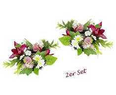 Teelichthalter / Windlicht, mit Glaseinsatz im Kranz aus Rattan, dekoriert mit künstlichen Blumen und Vogel. Kunstblumen, Dekokranz, Kerzenhalter, Frühlingskranz, Osterdeko, Teelicht, 2er Set