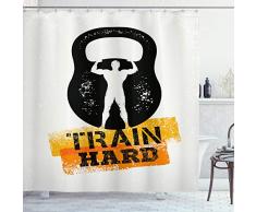Fitness Vorhang für die Dusche von ambesonne, Aged beschädigt Display Kettlebell muskulöser Athletic Man Silhouette Train Hard, Stoff Badezimmer Decor Set mit Haken, orange schwarz weiß, Textil, Multi 1, 69W x 70L