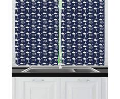 Ambesonne Marineblau Küchengardine Maritim Muster mit Walen Helmen Anker Nautische Elemente Tiefseeleben Fenstervorhänge 2 Paneele Set für Küche Café 55 W X 39 L Zoll Marineblau Weiß