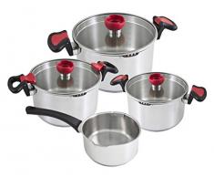Kopf Topfset Nelo aus Edelstahl, Induktion-Kochtopf-Set mit intelligenter Abgießhilfe, 3X Töpfe mit Glasdeckel und 1x Stielkasserolle, 7-teilig
