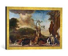 Gerahmtes Bild von Jan Weenix Jagdstilleben vor Einer Landschaft mit Schloß Bensberg, Kunstdruck im hochwertigen handgefertigten Bilder-Rahmen, 60x40 cm, Gold Raya