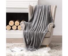 MIULEE Ultra weiche Fleecedecke Luxuriös Fuzzy für Couch oder Sofa, leicht, flauschig warm, Bettdecke mit niedlichen Pompons Twin(60x80) grau