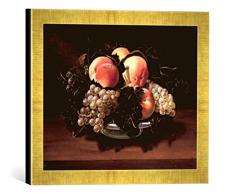 Gerahmtes Bild von Carlo Francesco Nuvolone Stilleben mit Pfirsichen und Trauben in Einer Majolikaschale und Bienen, Kunstdruck im hochwertigen handgefertigten Bilder-Rahmen, 40x30 cm, Gold Raya