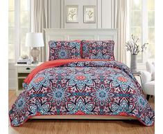 K&M MK Home Übergroße Gesteppte Tagesdecke, 3-teilig, Blumenmuster, Orange/Blau / Pink Full/Queen Orange