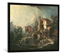 Gerahmtes Bild von François Boucher Landschaft mit Mühle, Kunstdruck im hochwertigen handgefertigten Bilder-Rahmen, 100x70 cm, Schwarz matt