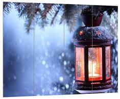 Pixxprint HBVs_2449_80x60 leuchtende Laterne mit Schnee bedeckt MDF-Holzbild im Bretterlook Wanddekoration, bunt, 80 x 60 x 2 cm