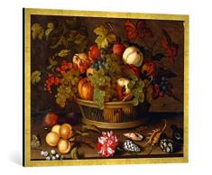 Gerahmtes Bild von Balthasar Van der AST Stilleben mit Trauben, Äpfeln, Pfirsich, Pflaumen und Blumen, Kunstdruck im hochwertigen handgefertigten Bilder-Rahmen, 100x70 cm, Gold Raya