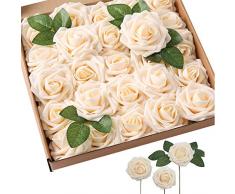 Abetree Künstliche Rosen Blumen Realistische Fake mit Stielen für DIY Hochzeit Blumensträuße Tafelaufsätze Arrangements Party Baby Dusche Home Dekoration 25Pcs cremefarben