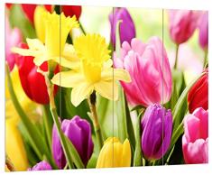 Pixxprint HBVs_2036_80x60 verschiedene farbige Tulpen MDF-Holzbild im Bretterlook Wanddekoration, bunt, 80 x 60 x 2 cm