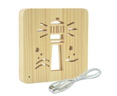 Kögler AmbiWood, LED Holzschnittlampe Leuchtturm, Dekolampe aus Holz mit warmweißem Licht, mit USB-Stromkabel und Schalter, ca. 19 x 19 x 3 cm groß, für ein stimmungsvolles Ambiente, bunt
