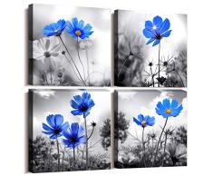 hyidecor art Wand-Art 4-Moderne Salon Thema Schwarz und Weiß, die Blaue Blume Blumen Abstrakte Malerei Stillleben Leinwand Art Wand für Home Decor Flower Leinwandbild für Wohnzimmer Decor