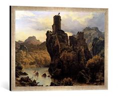 Gerahmtes Bild von Karl Friedrich Lessing Das Felsenschloß (Ritterburg, Romantische Landschaft, Schottische Landschaft), Kunstdruck im hochwertigen handgefertigten Bilder-Rahmen, 70x50 cm, Silber raya