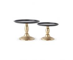 K&K Interiors 15633A Tortenständer, 2 Stück, dunkles Holz, Metallsockel (Gradgröße), Schwarz / goldfarben