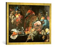 Gerahmtes Bild von Jan Davidsz. de Heem Stilleben mit Papagei, Kunstdruck im hochwertigen handgefertigten Bilder-Rahmen, 70x50 cm, Gold Raya