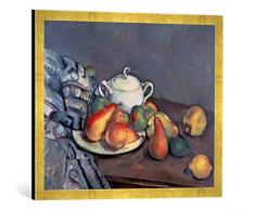 Gerahmtes Bild von Paul Cézanne Stilleben mit Zuckerdose, Birnen und Tischdecke, Kunstdruck im hochwertigen handgefertigten Bilder-Rahmen, 70x50 cm, Gold Raya