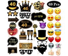 CLOSEUS 67pcs Foto Stand Requisiten Geburtstag Set für Jahrestag Feier Motto Selfie Cocktail Party Zuhause Wein Champagner Krawatte Hut Bartmaske Brille Aufkleber Zubehör Dress Up Fotografie Zubehör 40th Birthday