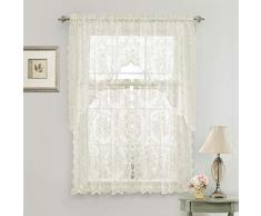 GoodGram Lena Floral Lace Komplettset, 3 Stück Cottage Küchen-Vorhang-Etage und Querbehang Landhausstil beige