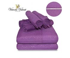 Victoria Valenti Bettlaken-Set mit 4 Kissenbezügen (Zwei Kissenbezüge), Doppelbett gebürstet und sehr weich mit tiefen Taschen für extra Tiefe Matratze, Mikrofaser, hypoallergen Queen violett