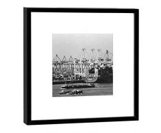 COGNOSCO Fotografie im Holzrahmen: Containerhafen Hamburg-Fotodruck-Format 27 x 27 cm-Rahmenfarbe Hochwertiges Wandbild, Geschenkidee oder Souvenir aus der Hansestadt, Holz, Schwarz-Weiß, Rahmen