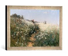 Gerahmtes Bild von IWAN Iwanowitsch Schischkin Dame mit Sonnenschirm auf Einer Wiese mit Wiesenkerbel, Kunstdruck im hochwertigen handgefertigten Bilder-Rahmen, 40x30 cm, Silber Raya