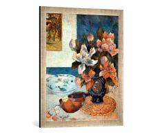 Gerahmtes Bild von Paul Gauguin Stilleben mit Mandoline und Blumen, Kunstdruck im hochwertigen handgefertigten Bilder-Rahmen, 50x70 cm, Silber Raya