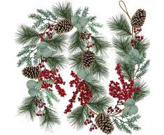 Weihnachtsgirlande mit künstlichen roten Beeren, Eukalyptusblättern, natürliche Tannenzapfen, Zweige, Girlande mit künstlichen roten Beeren und Eukalyptusblättern, natürliche Tannenzapfen, Zweige, Girlande, Weihnachtsdekoration, Winterdekoration