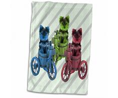3dRose Teetasse Yorkies auf Fahrräder/blau, grün, rot/Pop Art/Welpen, Tier Handtuch, Mehrfarbig, 15 x 22