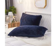 Uhamho 2er Set Kunstfell Überwurf Kissenbezug Weicher Samt Dekorative Kissenbezüge Reißverschluss Modern 20x26 Navy
