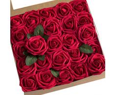 Abetree Künstliche Rosen Blumen Realistische Fake mit Stielen für DIY Hochzeit Blumensträuße Tafelaufsätze Arrangements Party Baby Dusche Home Dekoration 50Pcs dunkelrot