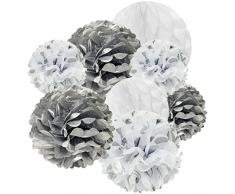 Wrapables Set von 21 Tissue Honeycomb Ball und Pom Pom Party Dekorationen für Hochzeiten, Geburtstag Parteien Baby Duschen und Kinderzimmer Decor, Silber und weiß