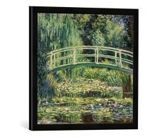 Gerahmtes Bild von Claude Monet Brücke in Monets Garten mit weißen Seerosen, Kunstdruck im hochwertigen handgefertigten Bilder-Rahmen, 50x50 cm, Schwarz matt