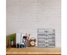 Relaxdays Schubladenbox, 5 Schubfächer, für Din A4 Dokumente, Ordnungssystem für Schreibtisch, Aktenablage, silber